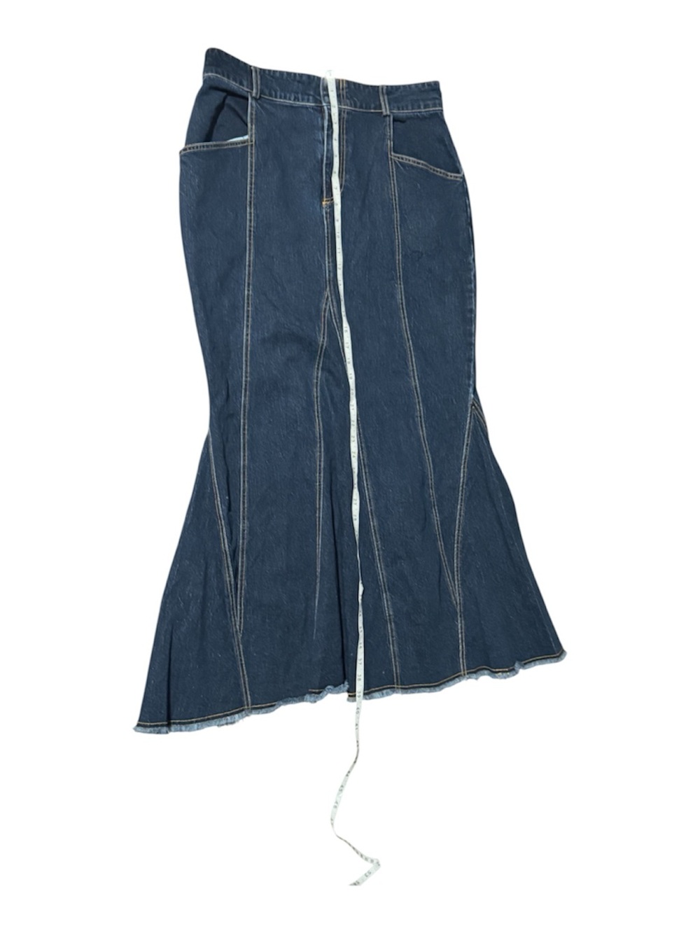 PILCRO Anthropologie Fluted Denim Maxi Skirt Dark Wash Raw Hem Size 12 - Picture 10 of 16